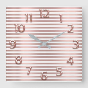 Rose Gold Copper Arabic Numbers White Stripes Square Wall Clock