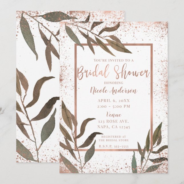 Rose Gold Copper Botanical Glam Bridal Shower Invitation (Front/Back)