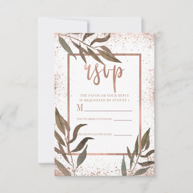 Rose Gold Copper Botanical Glam Wedding RSVP (Front)