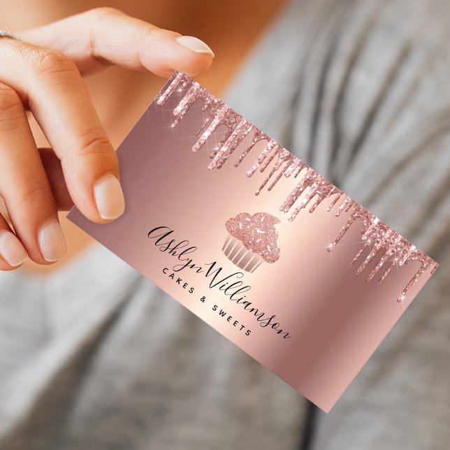 Rose Gold Copper Cupcake Glitter Drips Bakery Chef Business Card (Creator Uploaded)