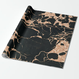 Rose Gold Copper Glitter Metallic Black Marble Wrapping Paper