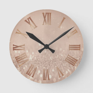 Rose Gold Copper Glitter Minimal Metal Roman Numer Round Clock