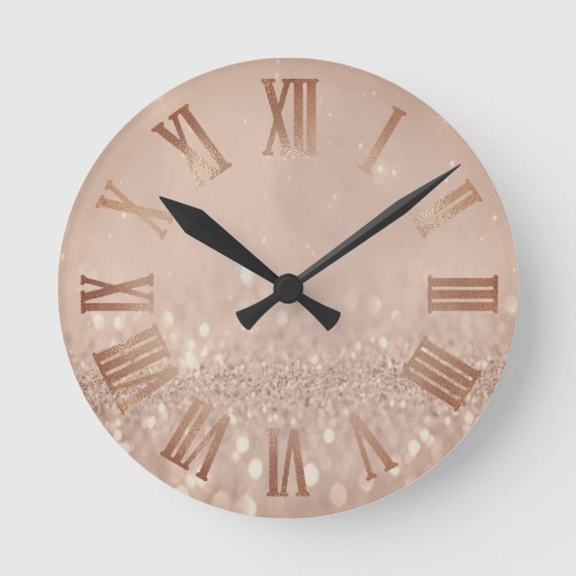 Rose Gold Copper Glitter Minimal Metal Roman Numer Round Clock (Front)