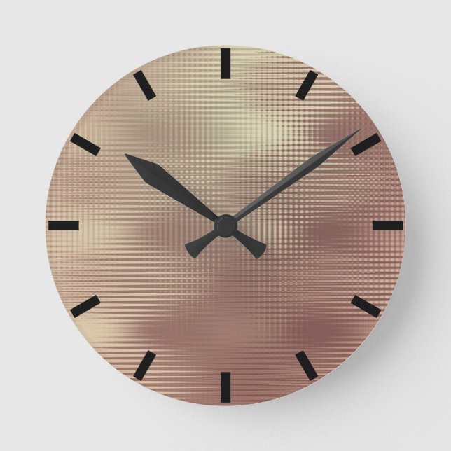 Rose Gold Copper Minimal Metallic Stripes Black Round Clock (Front)