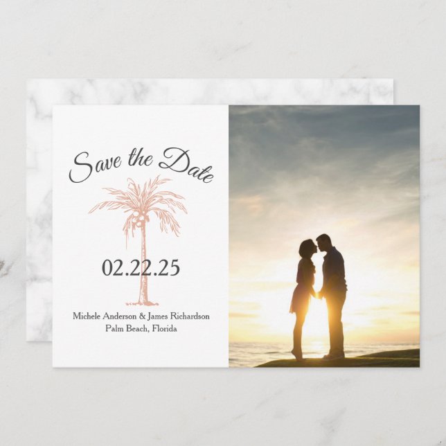 Rose Gold Copper Palm Tree Photo Marble Wedding Save The Date (Front/Back)