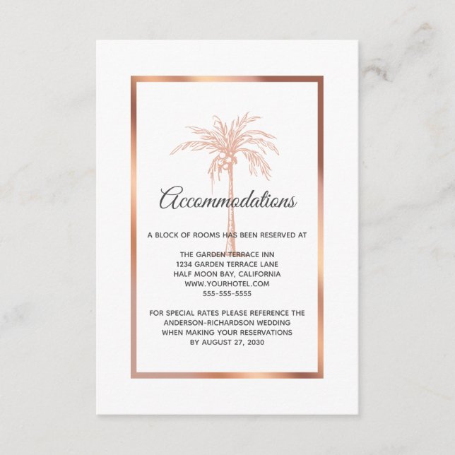 Rose Gold Copper Palm Tree Wedding Accommodations Enclosure Card (Front)