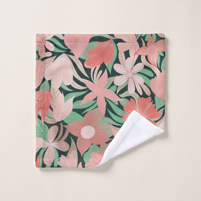 Rose Gold Coral Green Floral Leaves Illustrations Wash Cloth (Wash Cloth)