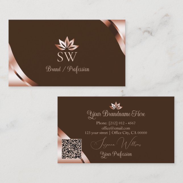 Rose Gold Corners Coffee Brown Monogram QR Code Business Card (Front/Back)