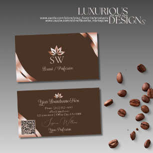 Rose Gold Corners Coffee Brown Monogram QR Code Business Card