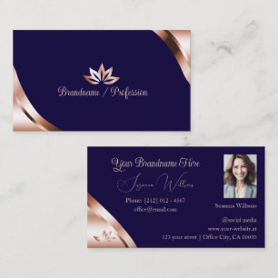 Rose Gold Corners Deep Blue with Petals and Photo Business Card