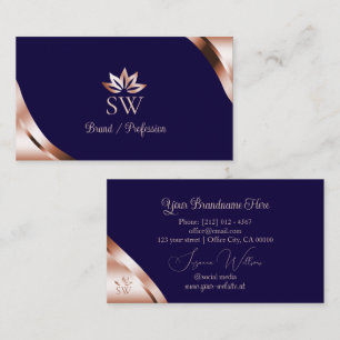 Rose Gold Corners on Deep Blue with Monogram Business Card