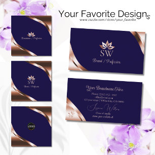 Rose Gold Corners on Deep Blue with Monogram Business Card