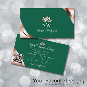 Rose Gold Corners Sea Green Monogram and QR Code Business Card