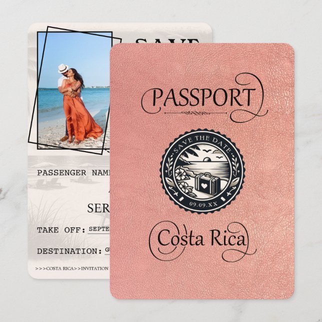Rose Gold Costa Rica Passport Save The Date (Front/Back)