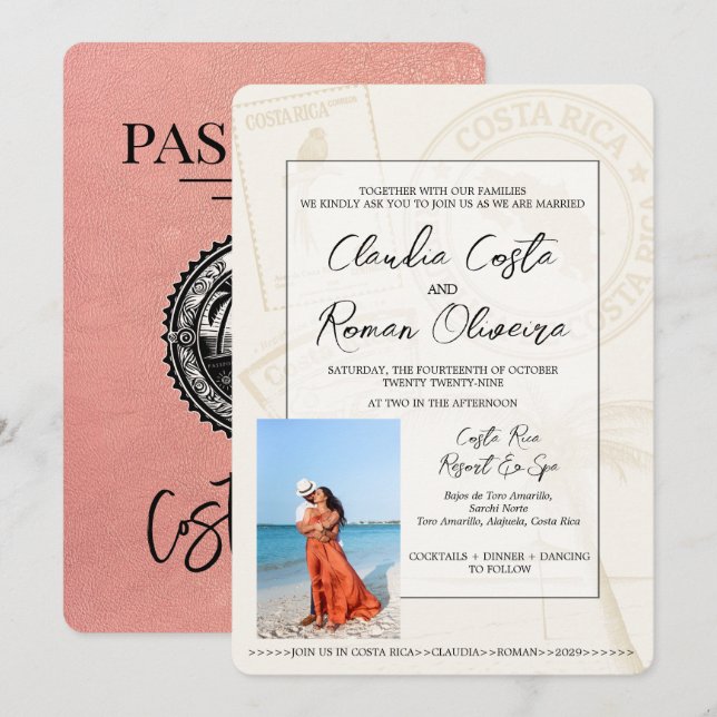 Rose Gold Costa Rica Passport Wedding Invitation (Front/Back)