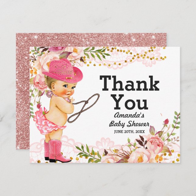 Rose Gold Cowgirl Baby Shower Girl Thank You Card (Front/Back)