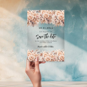 Rose gold cream florals wedding save the date card acrylic invitations