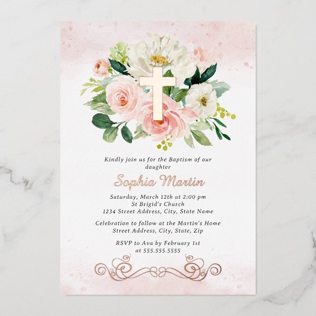 Rose Gold Cross Floral Girl Pink Baptism  (Front)
