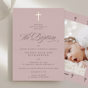 Rose Gold Cross Mauve Baptism Photo invitations