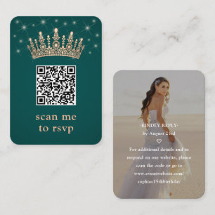 Rose Gold Crown Quinceañera Photo QR RSVP Green Enclosure Card