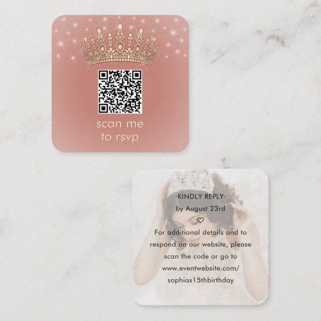 Rose Gold Crown Quinceañera Photo Scan Me QR RSVP Enclosure Card (Front/Back)