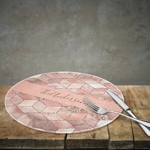 Rose gold cube marble family monogram script  cutting board