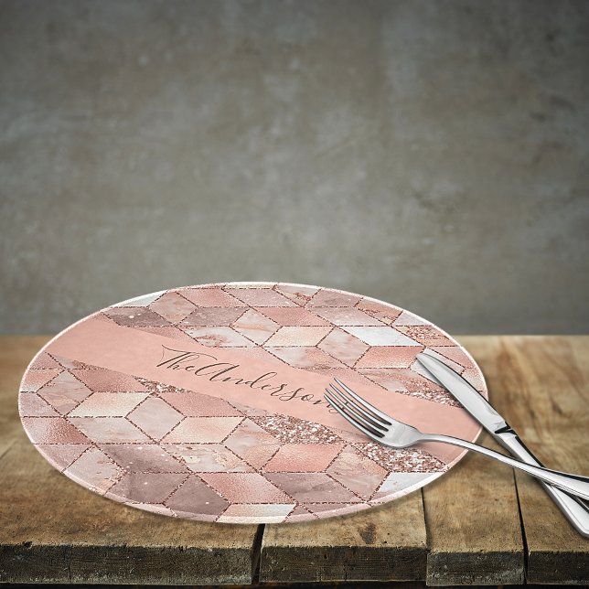 Rose gold cube marble family monogram script  cutting board (Creator Uploaded)
