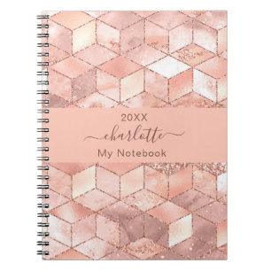 Rose gold cube marble name glitter script notebook