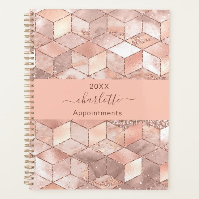 Rose gold cube marble name glitter script planner (Front)