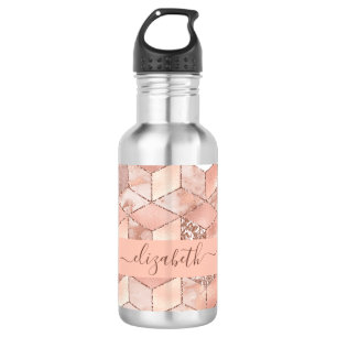 Rose gold cube marble name glittere script 532 ml water bottle