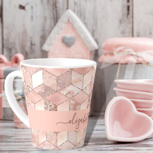 Rose gold cube marble name glittere script latte mug