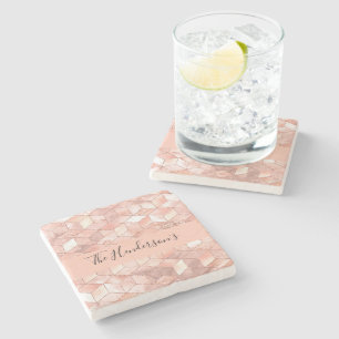 Rose gold cube pattern family name script modern stone coaster