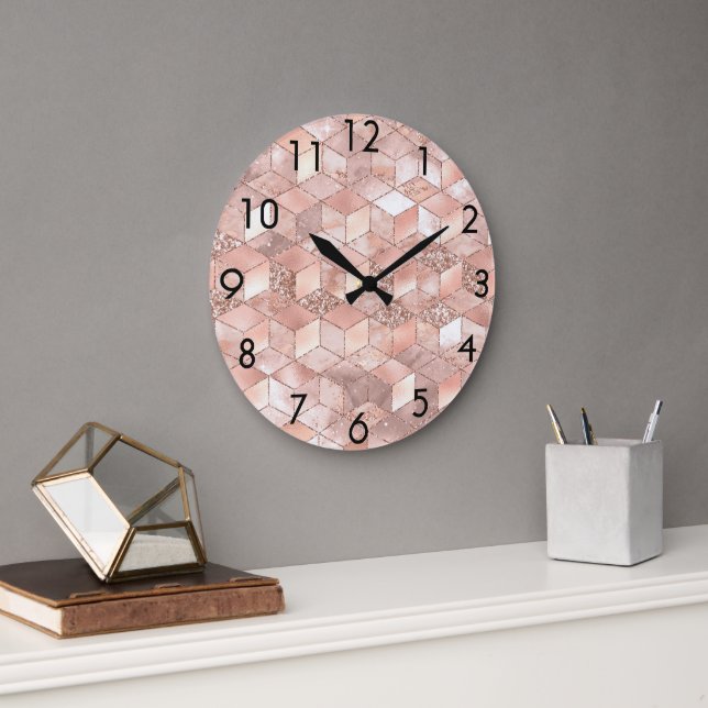 Rose gold cube pattern large clock (Office)