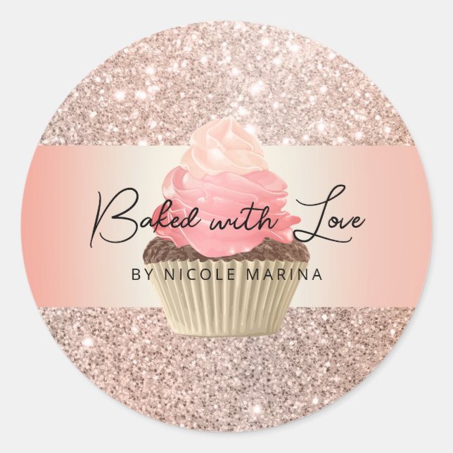 Rose Gold Cupcake Baked With Love Personalised Classic Round Sticker (Front)