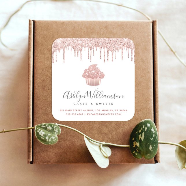 Rose Gold Cupcake Bakery Pastry Chef Glitter Drips Square Sticker (Creator Uploaded)