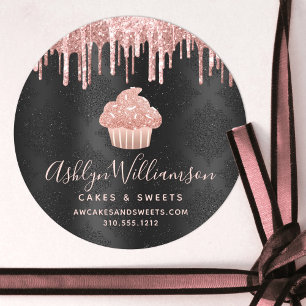 Rose Gold Cupcake Glitter Drips Bakery Black Chef Classic Round Sticker