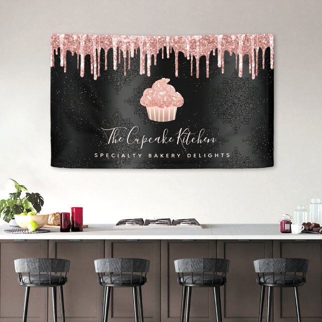 Rose Gold Cupcake Glitter Drips Bakery Chef Black Banner (Matching business cards, loyalty cards, stickers, notebooks and more are also available!)