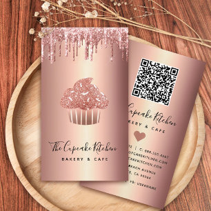 Rose Gold Cupcake Glitter Drips QR Code Bakery Business Card