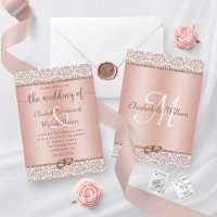 Rose Gold Damask Glitter Monogram Elegant Wedding
