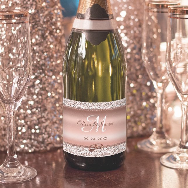 Rose Gold Damask Monogram Wedding Sparkling Wine Label (Creator Uploaded)