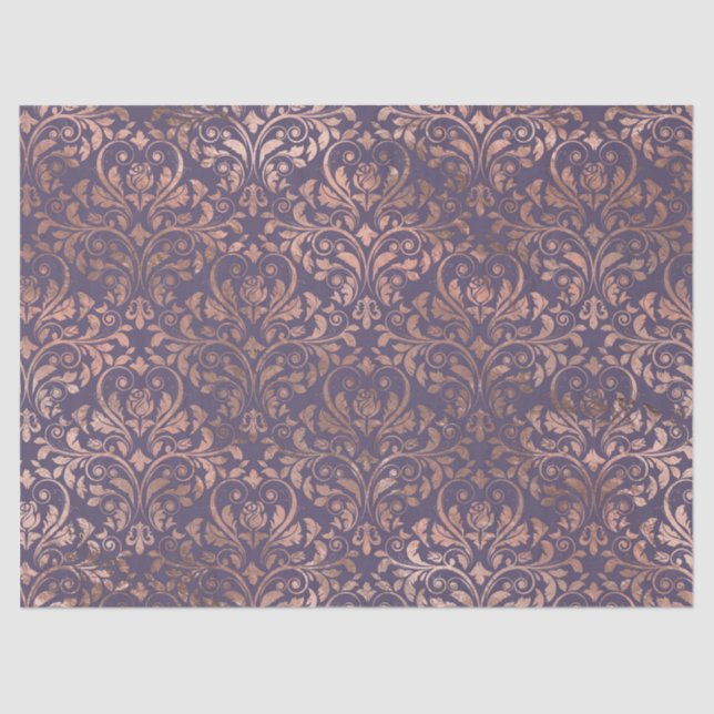 Rose Gold Damask on Purple Decoupage Tissue Paper (Front)