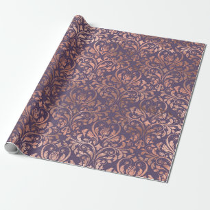 Rose Gold Damask on Purple Wrapping Paper