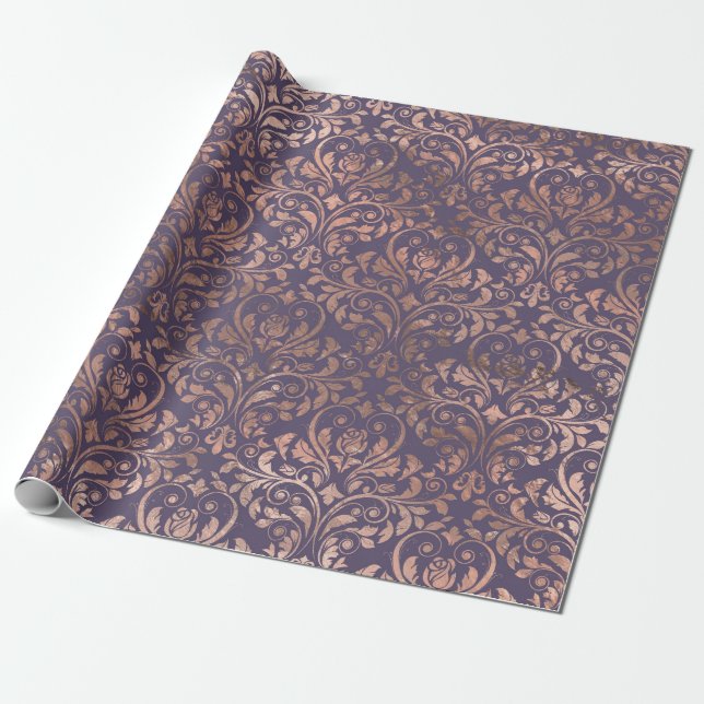 Rose Gold Damask on Purple Wrapping Paper (Unrolled)
