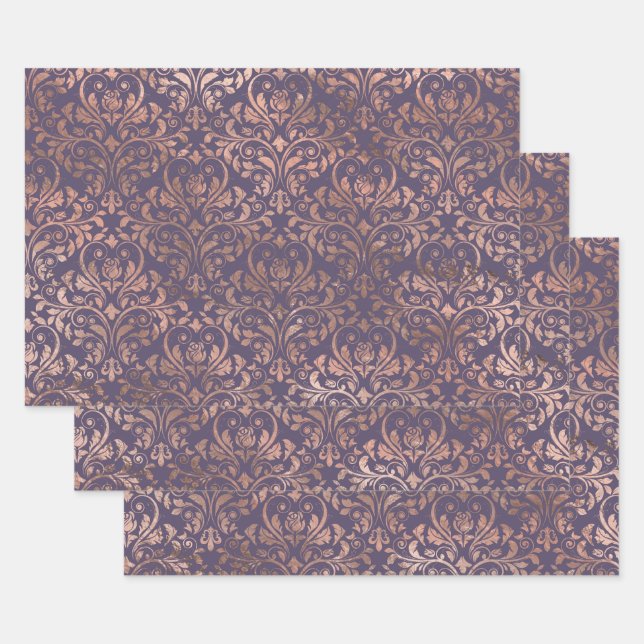 Rose Gold Damask on Purple Wrapping Paper Sheet (Set)