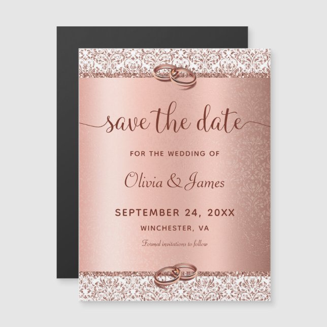 Rose Gold Damask Script Wedding Save the Date Magnetic Invitation (Front/Back)