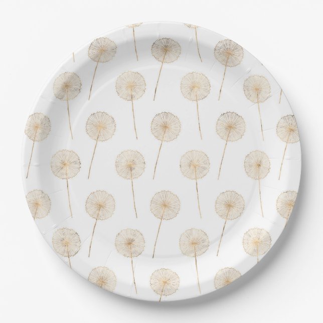 Rose gold dandelion wish white background  paper plate (Front)