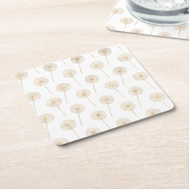 Rose gold dandelion wish white background square paper coaster (Angled)