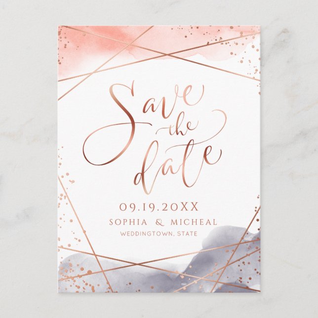 Rose Gold dawn Watercolor Geometric save the date Postcard (Front)