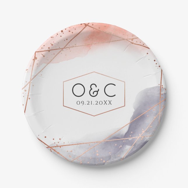 Rose Gold Dawn Watercolor Geometric Wedding Paper Plate (Front)