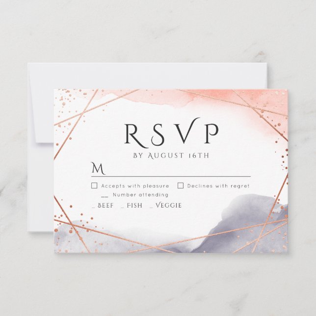 Rose Gold Dawn Watercolor Geometric Wedding RSVP (Front)